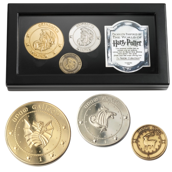 Harry Potter Movie Gringotts Coin SET 3 Coins & Display Box Galleon Sickle KNUT 